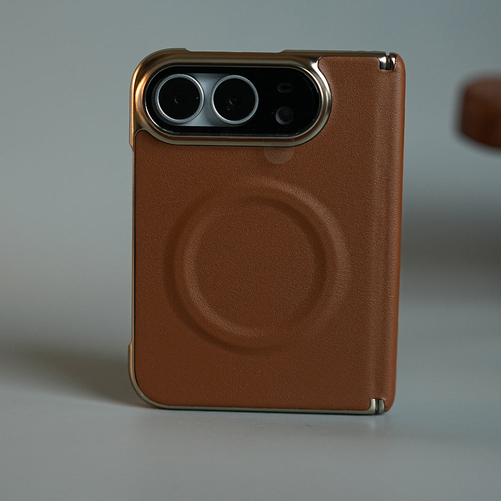Premium Leather Texture MagSafe Case for iPhone Duo with Camera Glass & Hinge Protection