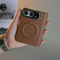 Premium Leather Texture MagSafe Case for iPhone Duo with Camera Glass & Hinge Protection