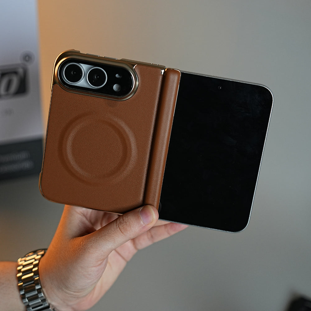 Premium Leather Texture MagSafe Case for iPhone Duo with Camera Glass & Hinge Protection