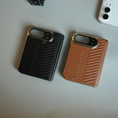 Chevron Ribbed Leather-Texture Case for iPhone Duo with Camera Glass & Hinge Protection
