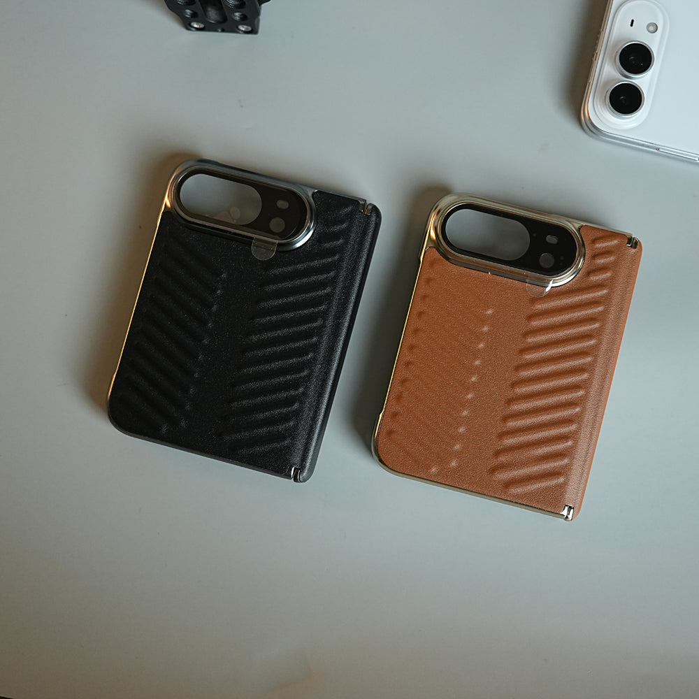 Chevron Ribbed Leather-Texture Case for iPhone Duo with Camera Glass & Hinge Protection