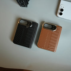 Chevron Ribbed Leather-Texture Case for iPhone Duo with Camera Glass & Hinge Protection