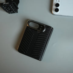 Chevron Ribbed Leather-Texture Case for iPhone Duo with Camera Glass & Hinge Protection