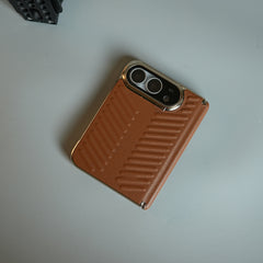 Chevron Ribbed Leather-Texture Case for iPhone Duo with Camera Glass & Hinge Protection