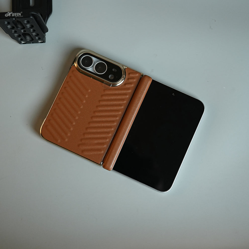 Chevron Ribbed Leather-Texture Case for iPhone Duo with Camera Glass & Hinge Protection