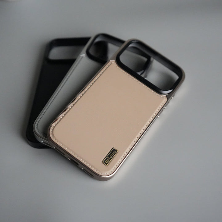 iPhone 17 Pro Premium Leather Back Case with Metal Kickstand And camera Bump Cover
