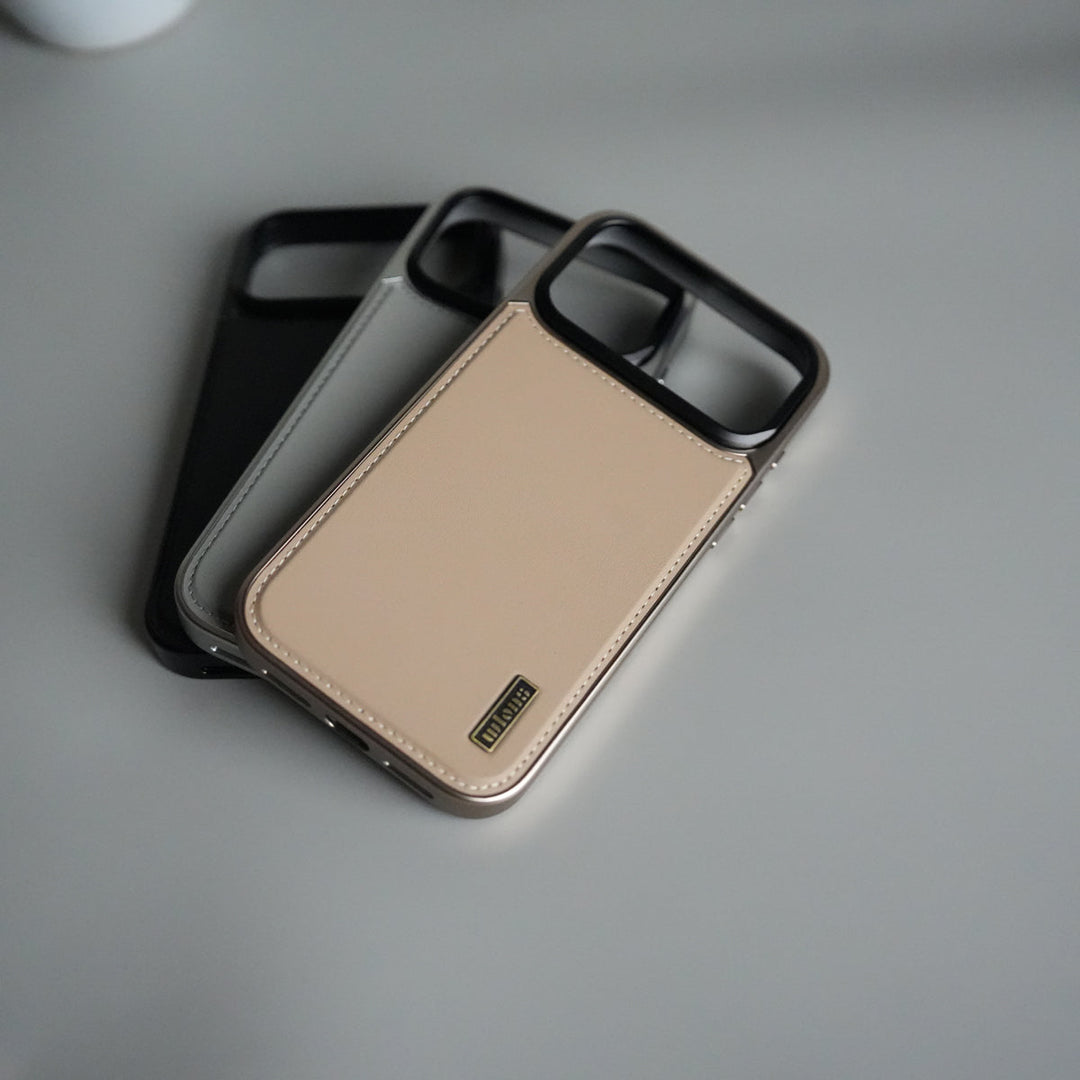 iPhone 17 Pro Max Premium Leather Back Case with Metal Kickstand And camera Bump Cover