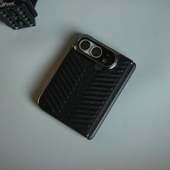 Chevron Ribbed Leather-Texture Case for iPhone Duo with Camera Glass & Hinge Protection