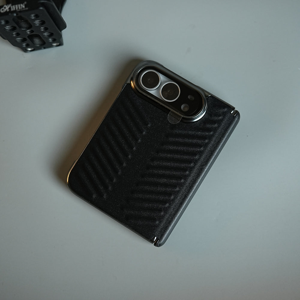 Chevron Ribbed Leather-Texture Case for iPhone Duo with Camera Glass & Hinge Protection