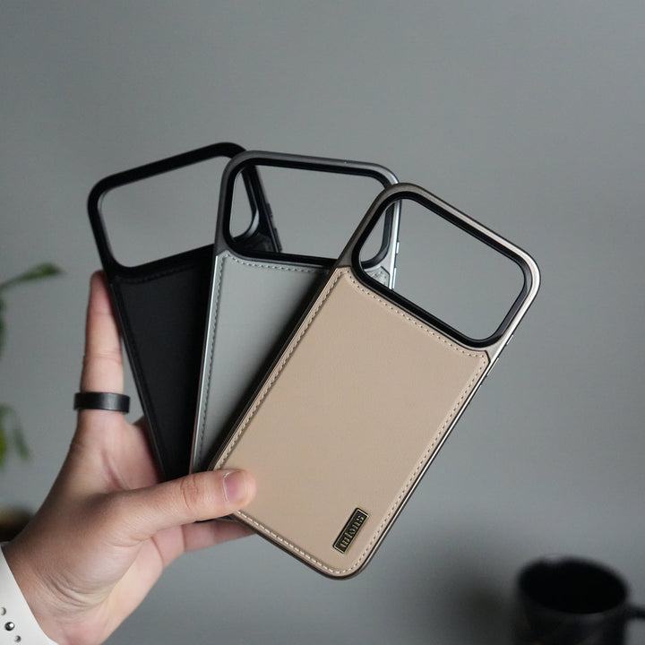 iPhone 17 Pro Max Premium Leather Back Case with Metal Kickstand And camera Bump Cover