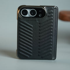 Chevron Ribbed Leather-Texture Case for iPhone Duo with Camera Glass & Hinge Protection
