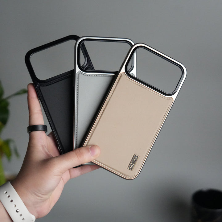 iPhone 17 Pro Premium Leather Back Case with Metal Kickstand And camera Bump Cover