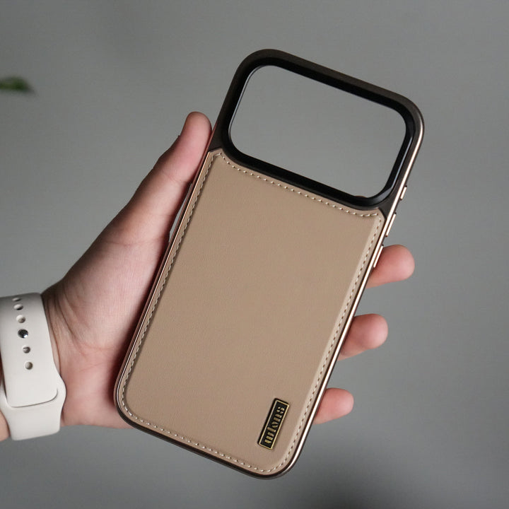 iPhone 17 Pro Premium Leather Back Case with Metal Kickstand And camera Bump Cover