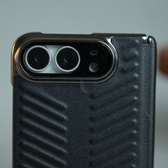 Chevron Ribbed Leather-Texture Case for iPhone Duo with Camera Glass & Hinge Protection