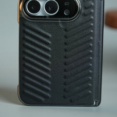 Chevron Ribbed Leather-Texture Case for iPhone Duo with Camera Glass & Hinge Protection