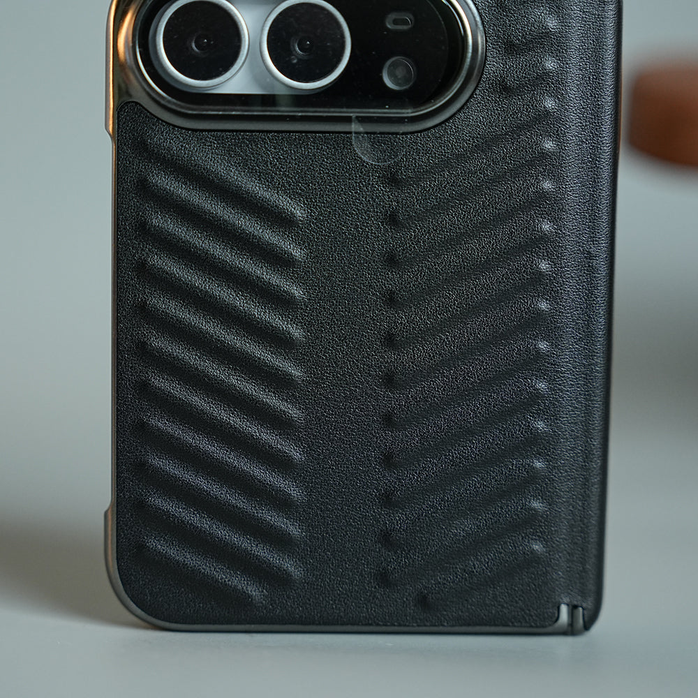 Chevron Ribbed Leather-Texture Case for iPhone Duo with Camera Glass & Hinge Protection