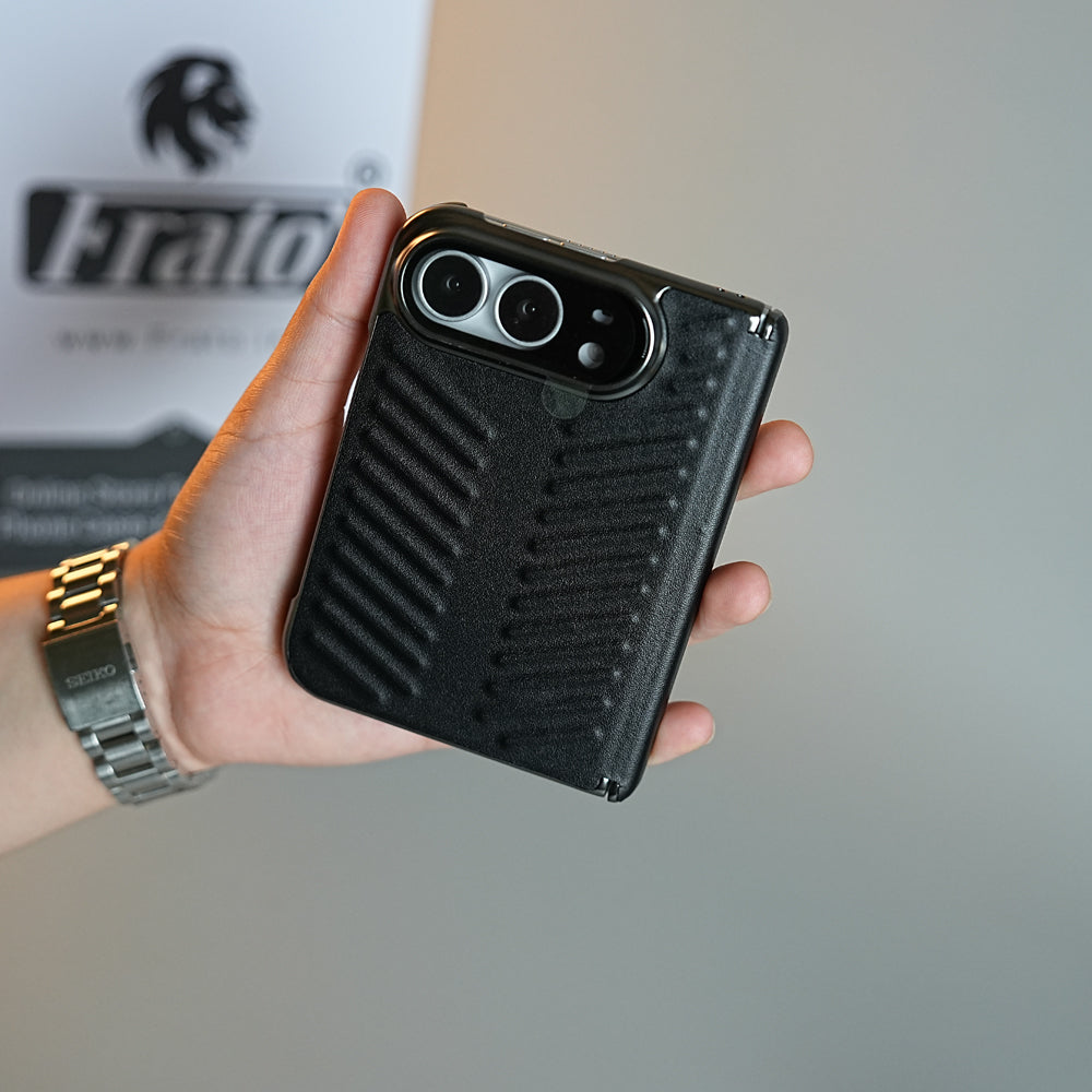 Chevron Ribbed Leather-Texture Case for iPhone Duo with Camera Glass & Hinge Protection