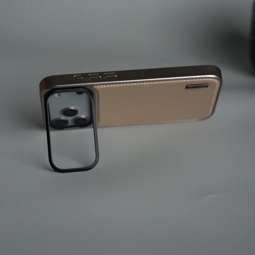 iPhone 17 Pro Premium Leather Back Case with Metal Kickstand And camera Bump Cover