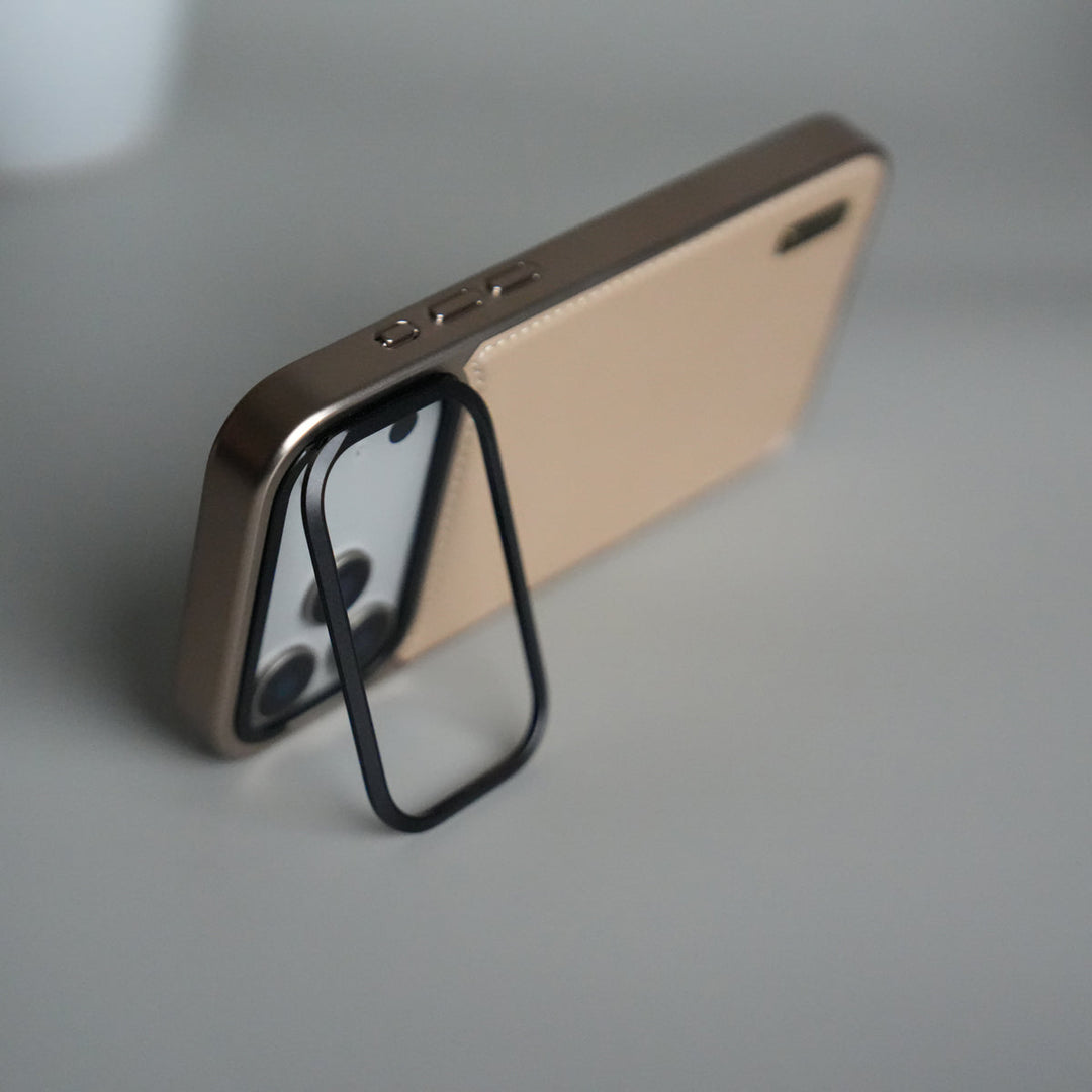 iPhone 17 Pro Max Premium Leather Back Case with Metal Kickstand And camera Bump Cover