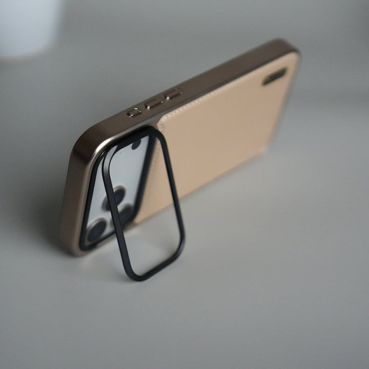 iPhone 17 Pro Premium Leather Back Case with Metal Kickstand And camera Bump Cover