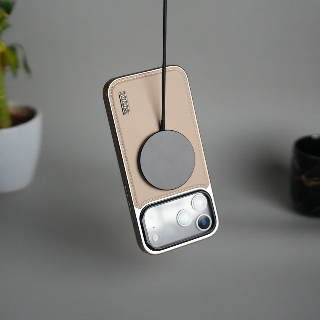 iPhone 17 Pro Max Premium Leather Back Case with Metal Kickstand And camera Bump Cover