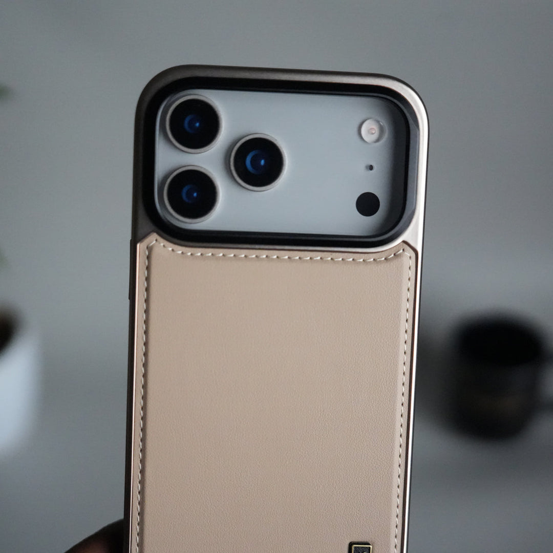 iPhone 17 Pro Premium Leather Back Case with Metal Kickstand And camera Bump Cover