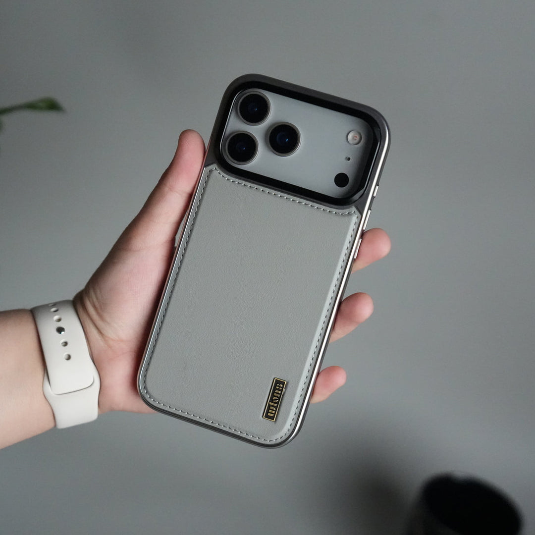 iPhone 17 Pro Max Premium Leather Back Case with Metal Kickstand And camera Bump Cover