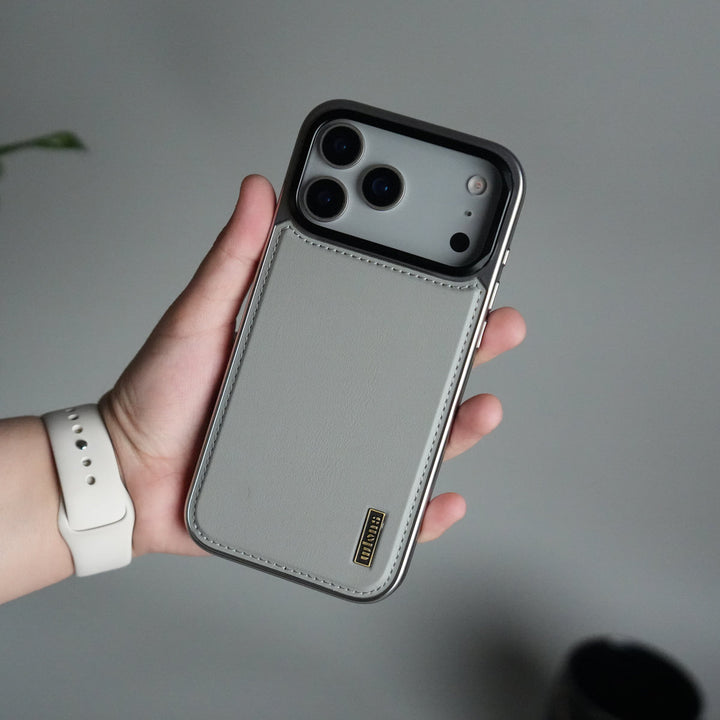 iPhone 17 Pro Premium Leather Back Case with Metal Kickstand And camera Bump Cover