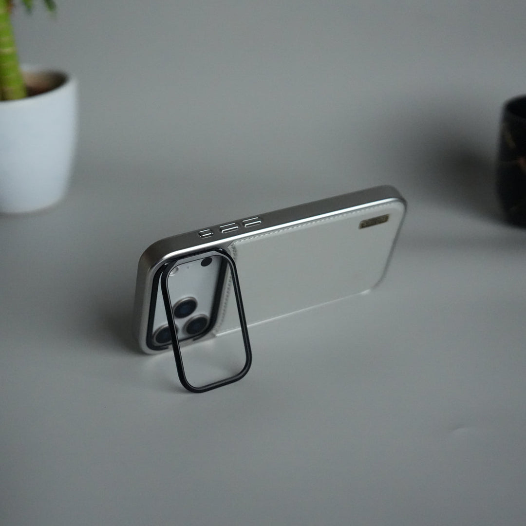 iPhone 17 Pro Max Premium Leather Back Case with Metal Kickstand And camera Bump Cover