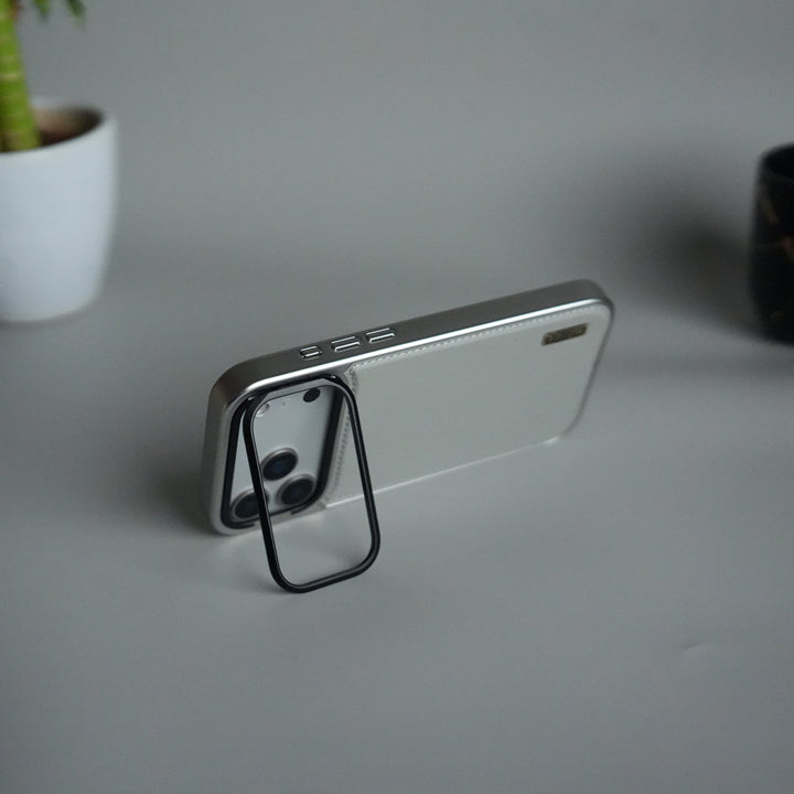 iPhone 17 Pro Max Premium Leather Back Case with Metal Kickstand And camera Bump Cover