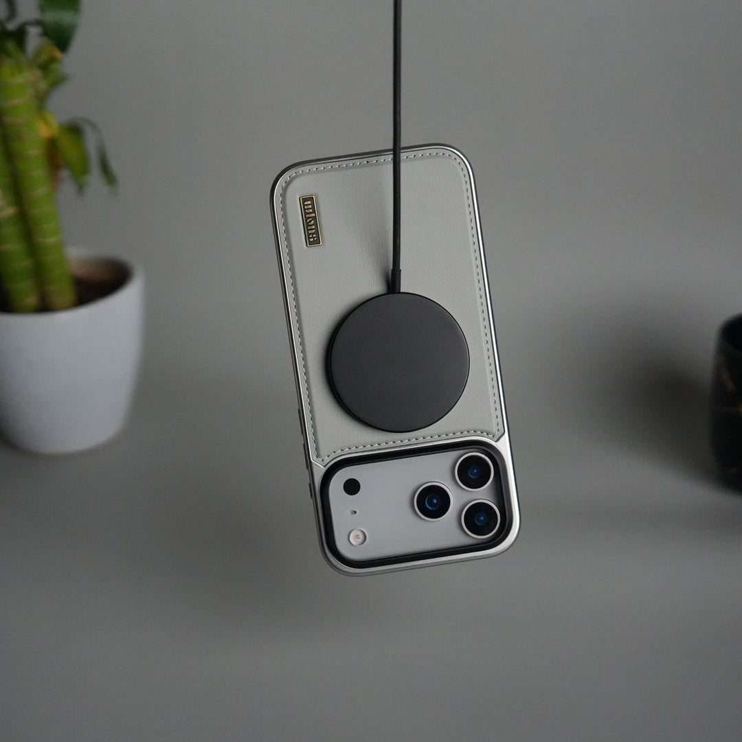 iPhone 17 Pro Max Premium Leather Back Case with Metal Kickstand And camera Bump Cover