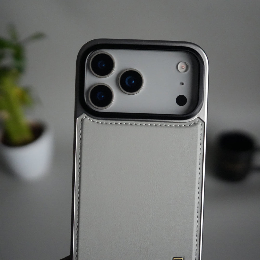 iPhone 17 Pro Max Premium Leather Back Case with Metal Kickstand And camera Bump Cover