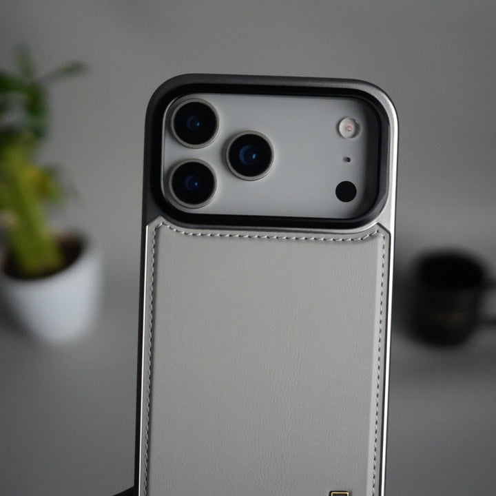 iPhone 17 Pro Max Premium Leather Back Case with Metal Kickstand And camera Bump Cover