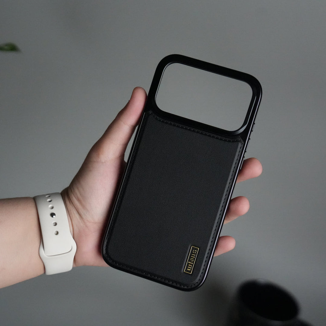 iPhone 17 Pro Premium Leather Back Case with Metal Kickstand And camera Bump Cover