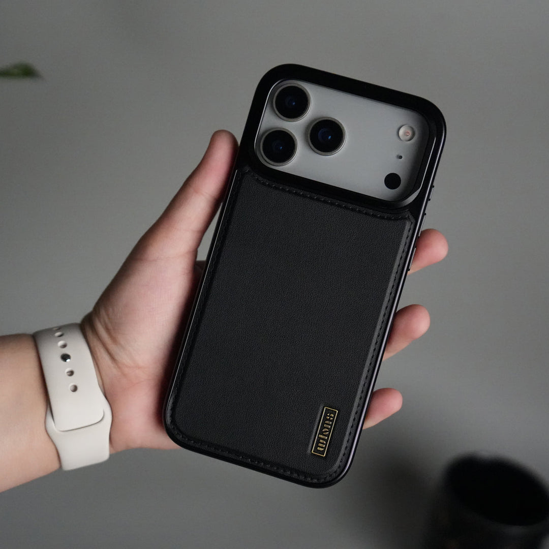 iPhone 17 Pro Premium Leather Back Case with Metal Kickstand And camera Bump Cover