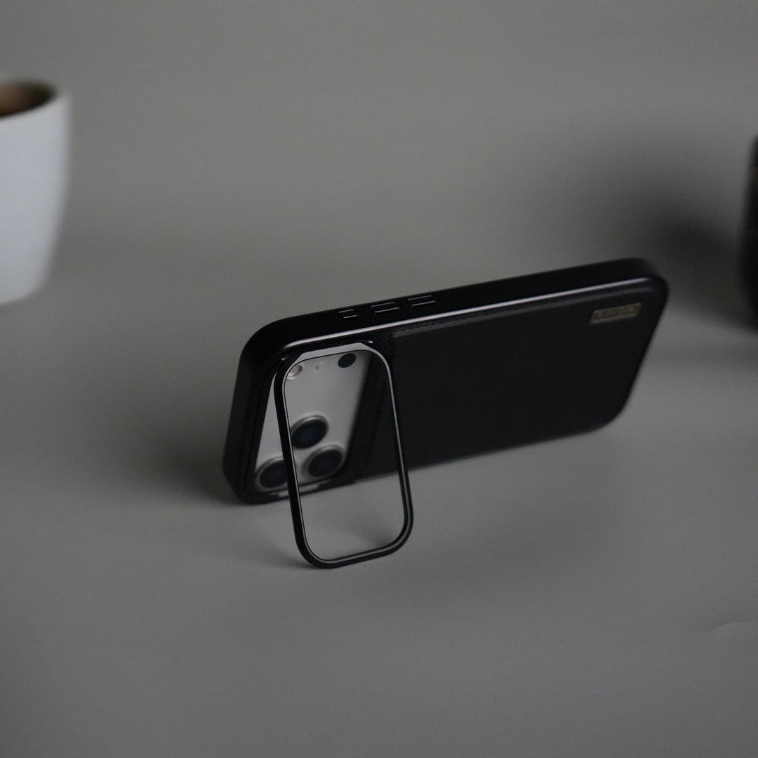 iPhone 17 Pro Premium Leather Back Case with Metal Kickstand And camera Bump Cover