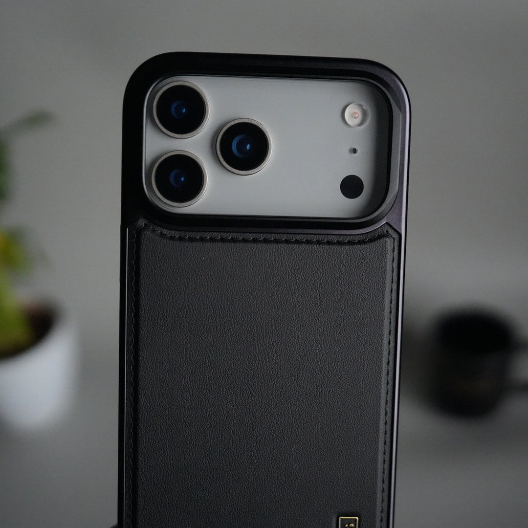 iPhone 17 Pro Premium Leather Back Case with Metal Kickstand And camera Bump Cover