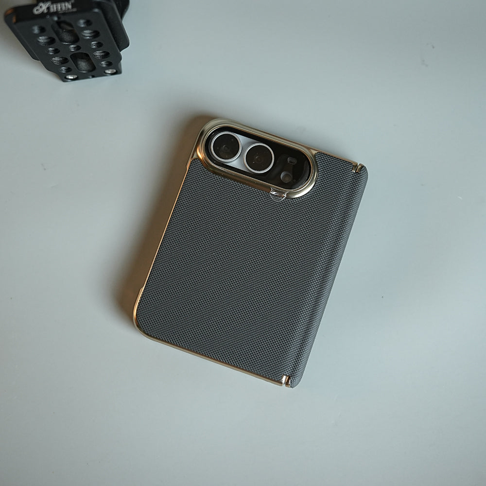 Premium Micro-Grid Textured Case for iPhone Duo with Chrome Finish, Camera Glass & Hinge Protection
