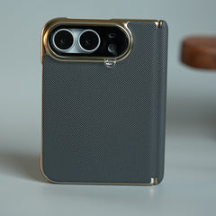 Premium Micro-Grid Textured Case for iPhone Duo with Chrome Finish, Camera Glass & Hinge Protection