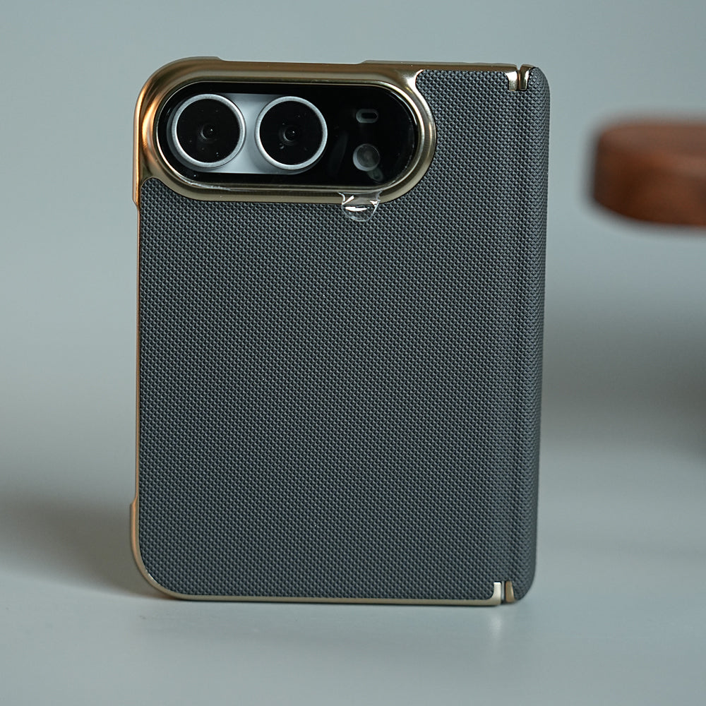 Premium Micro-Grid Textured Case for iPhone Duo with Chrome Finish, Camera Glass & Hinge Protection