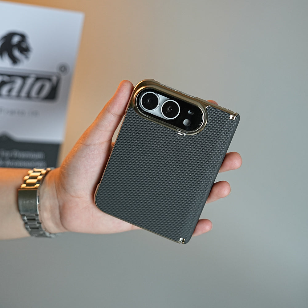 Premium Micro-Grid Textured Case for iPhone Duo with Chrome Finish, Camera Glass & Hinge Protection