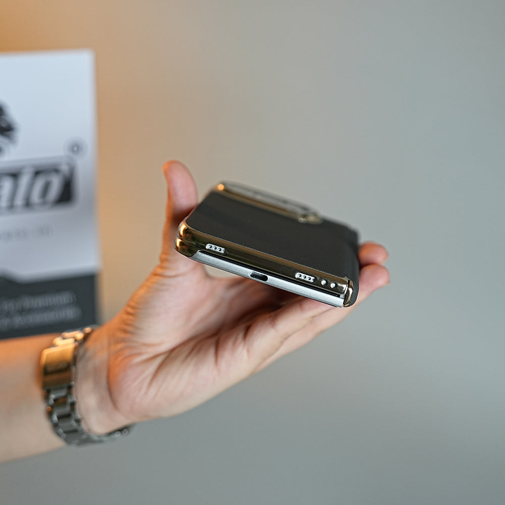 Premium Micro-Grid Textured Case for iPhone Duo with Chrome Finish, Camera Glass & Hinge Protection