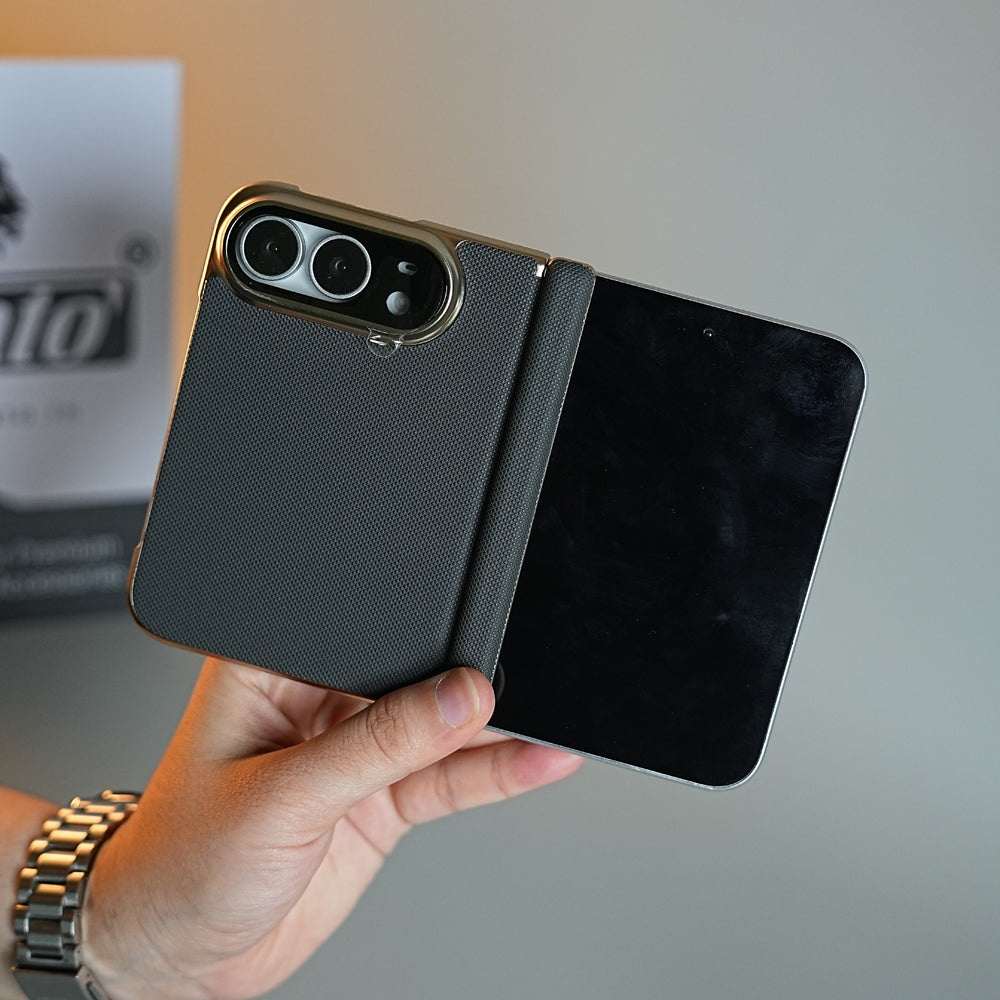 Premium Micro-Grid Textured Case for iPhone Duo with Chrome Finish, Camera Glass & Hinge Protection