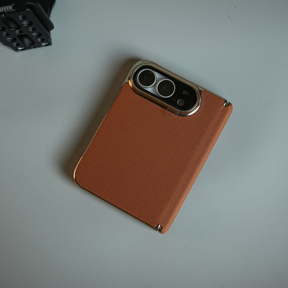 Premium Micro-Grid Textured Case for iPhone Duo with Chrome Finish, Camera Glass & Hinge Protection