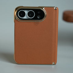 Premium Micro-Grid Textured Case for iPhone Duo with Chrome Finish, Camera Glass & Hinge Protection