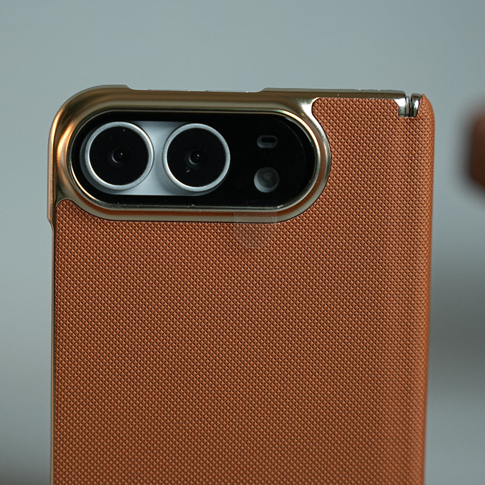 Premium Micro-Grid Textured Case for iPhone Duo with Chrome Finish, Camera Glass & Hinge Protection