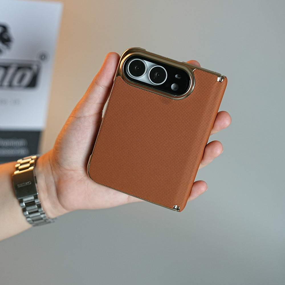 Premium Micro-Grid Textured Case for iPhone Duo with Chrome Finish, Camera Glass & Hinge Protection
