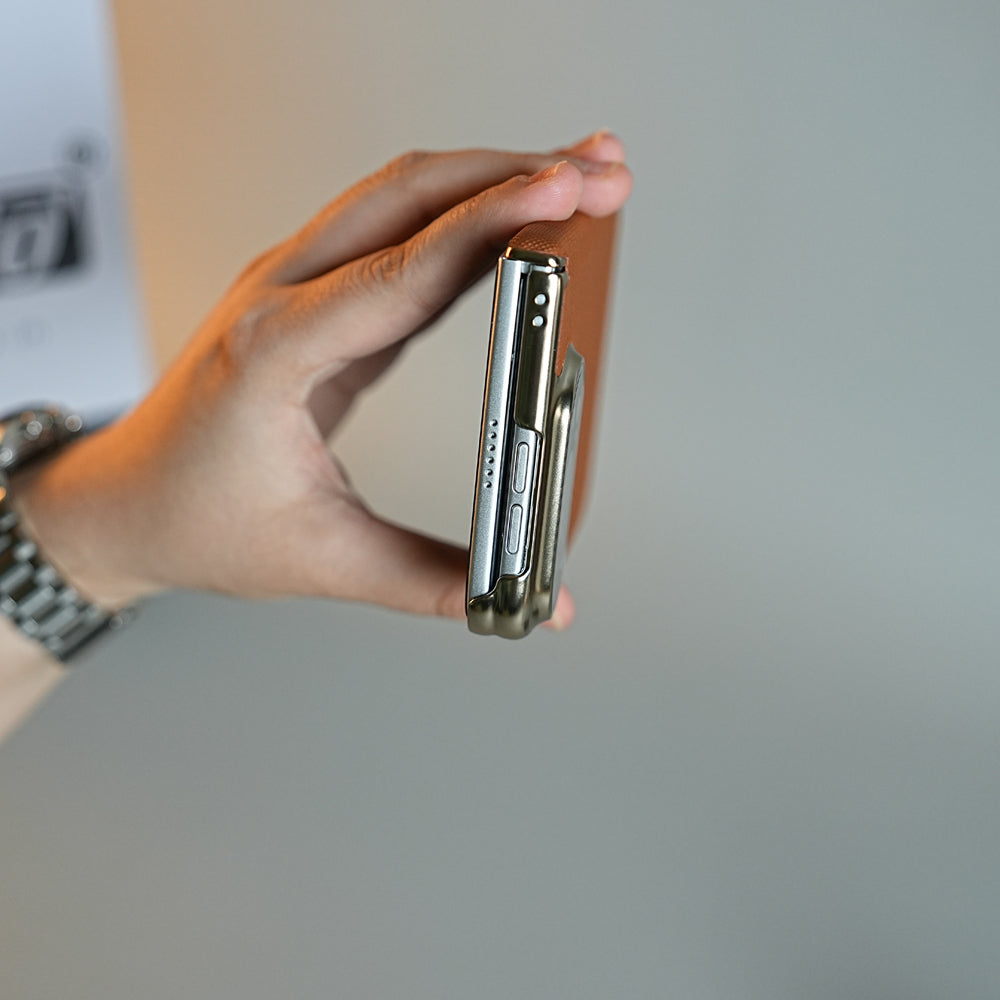 Premium Micro-Grid Textured Case for iPhone Duo with Chrome Finish, Camera Glass & Hinge Protection