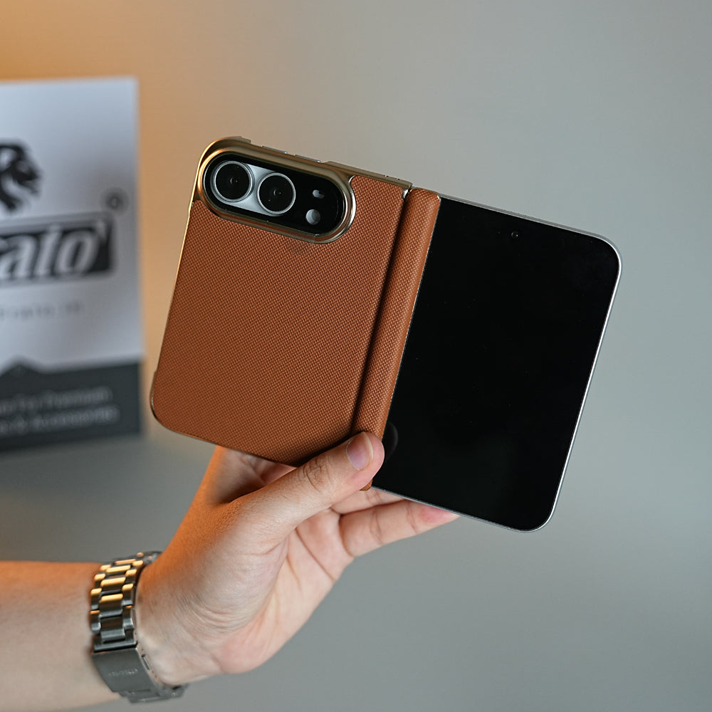 Premium Micro-Grid Textured Case for iPhone Duo with Chrome Finish, Camera Glass & Hinge Protection