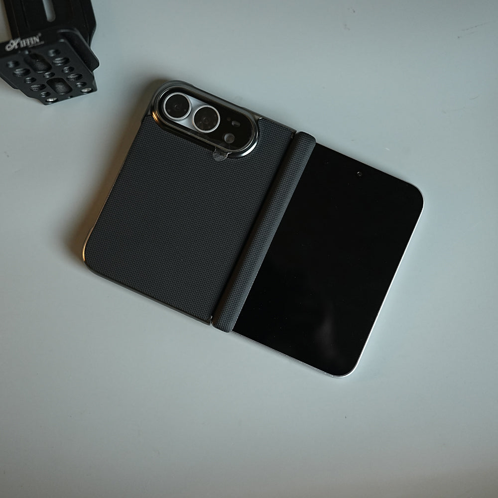 Premium Micro-Grid Textured Case for iPhone Duo with Chrome Finish, Camera Glass & Hinge Protection